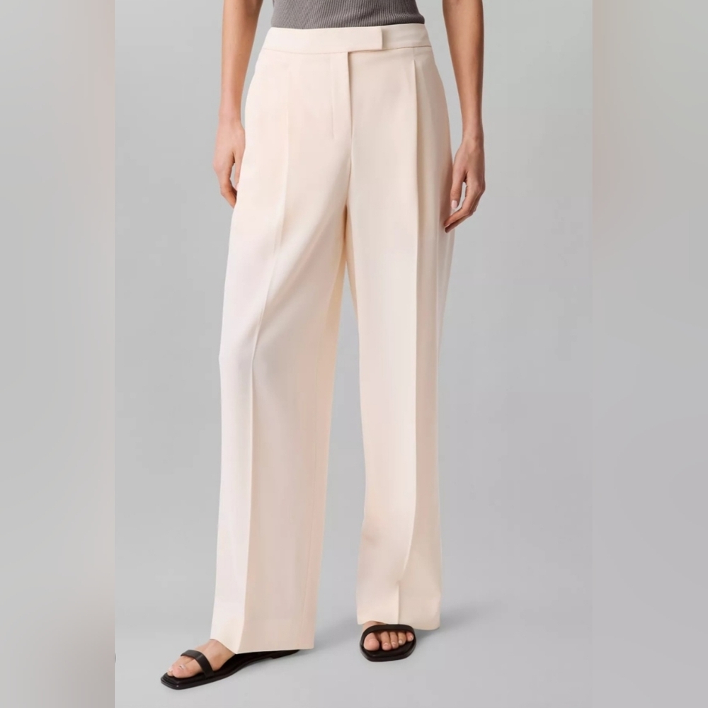 Calvin Klein Cream Pleated Straight-leg Soft Crepe Trousers Dress Pants Sz-6